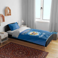 Blue bedding set with US Virgin Islands logo and 'YOUR TEXT' on duvet and pillow