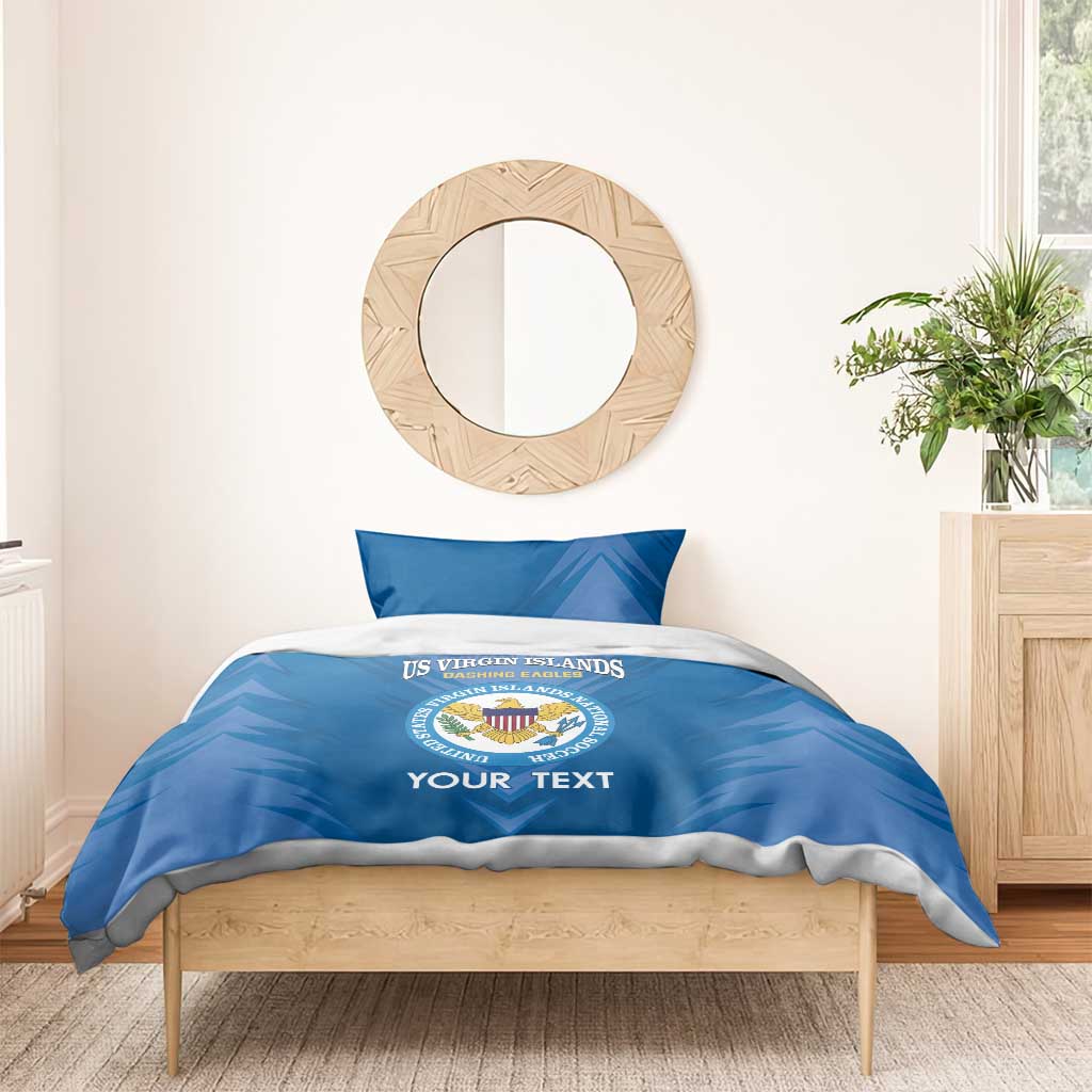 Blue bedding set with US Virgin Islands emblem and 'YOUR TEXT' on folded duvet