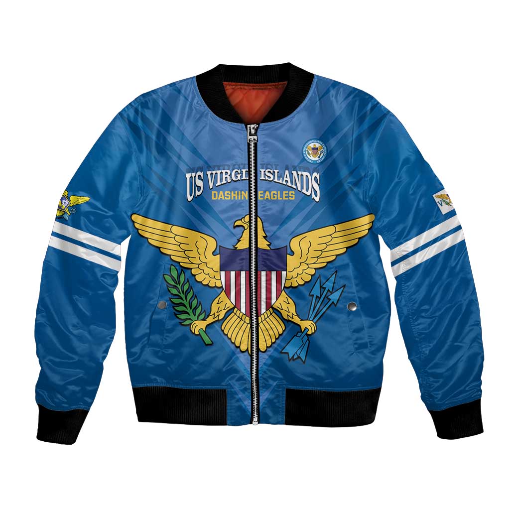 Unisex blue soccer bomber jacket with full zip, black ribbed cuffs, eagle graphic front
