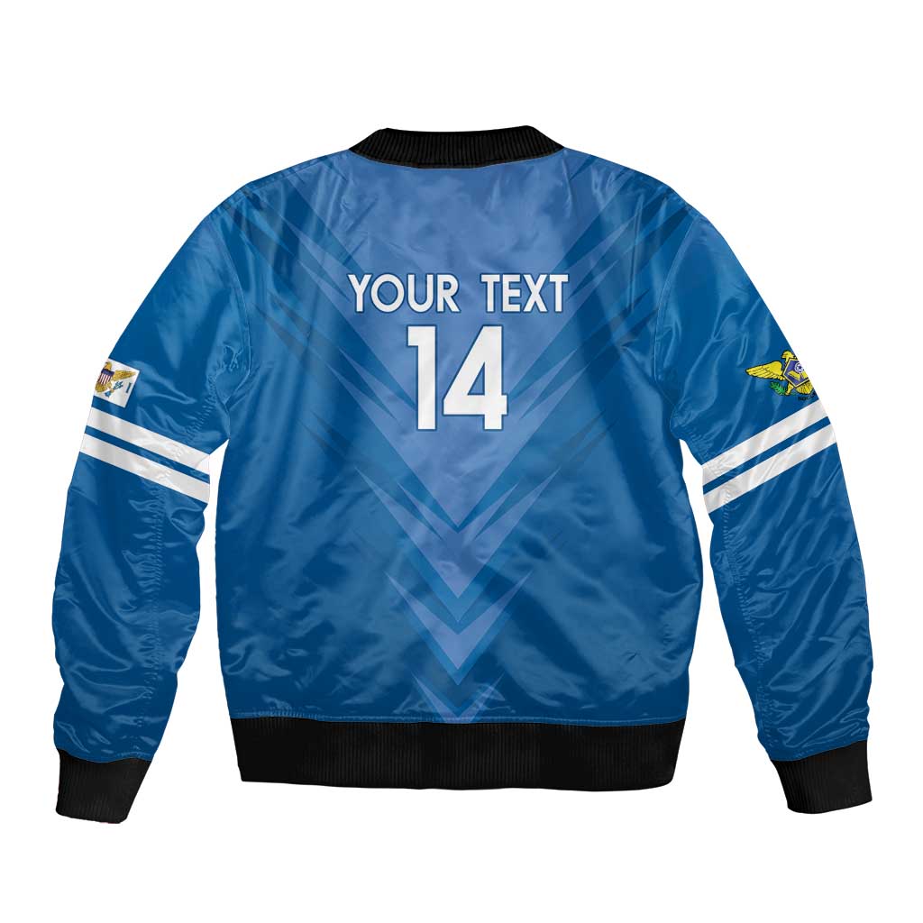 Unisex blue soccer bomber jacket back with YOUR TEXT and number 14, black ribbed hem