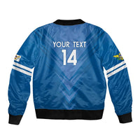 Unisex blue soccer bomber jacket back with YOUR TEXT and number 14, black ribbed hem