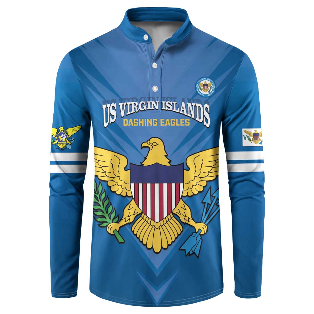 Blue long-sleeve button polo sweatshirt with US Virgin Islands crest front graphic