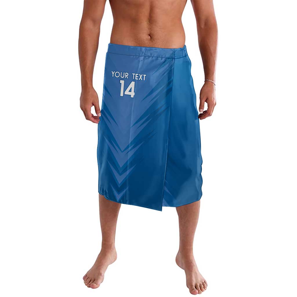 Blue soccer lavalava with elastic waistband, front '14' and chevron pattern