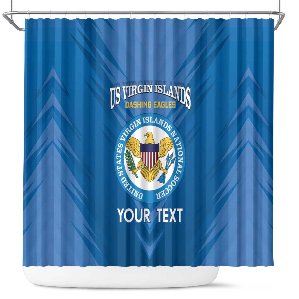 Blue soccer shower curtain with US Virgin Islands crest, chevron pattern, and 'YOUR TEXT'