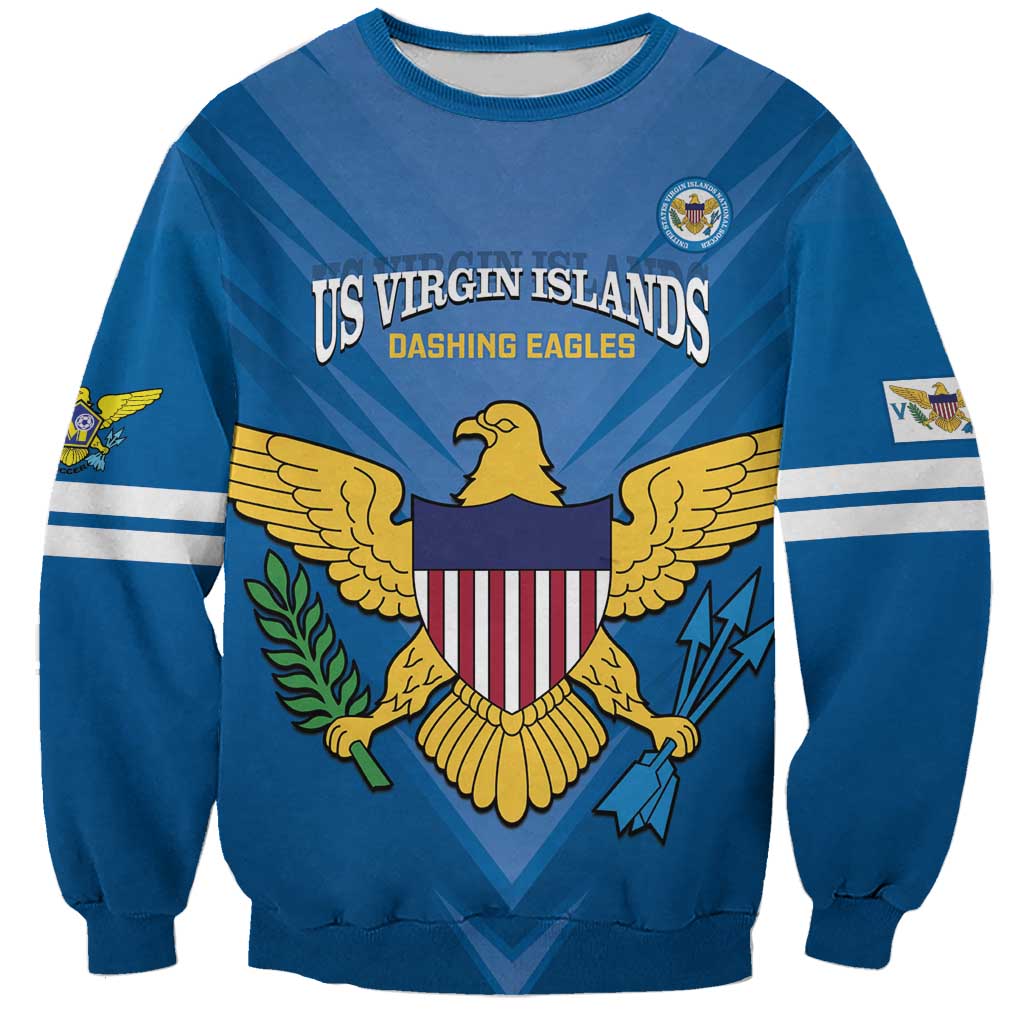 Blue crewneck soccer sweatshirt with US Virgin Islands eagle crest front graphic