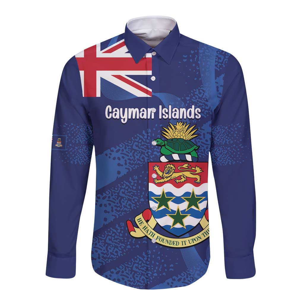 Long-sleeve button shirt in blue with Cayman Islands flag and crest on front
