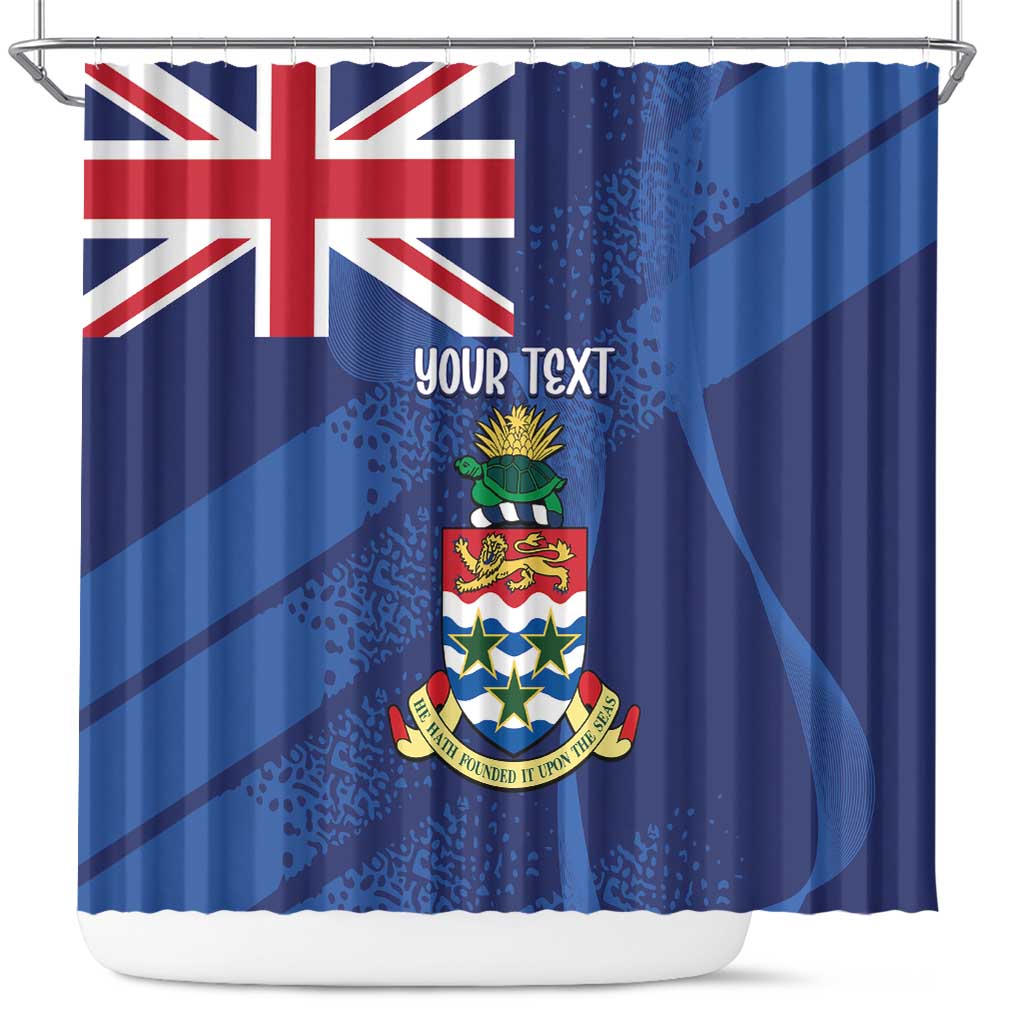 Blue shower curtain with Union Jack, 'YOUR TEXT', and Cayman coat of arms emblem