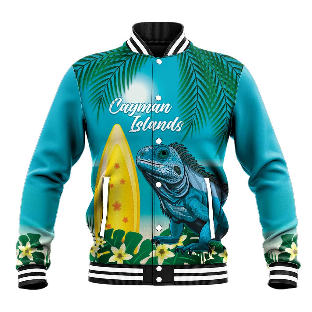 Turquoise baseball jacket with striped collar and tropical Cayman Islands print front