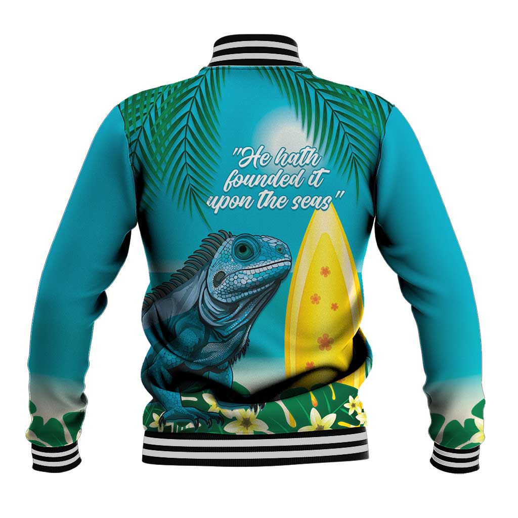 Turquoise baseball jacket back with striped collar, quote text, lizard and surfboard graphic
