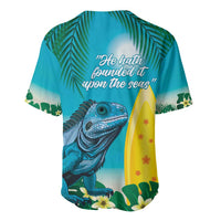 Turquoise baseball jersey back with quote, reptile tropical print and palm leaf pattern