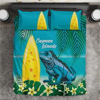 Turquoise tropical bedding set with blue iguana, palm leaves, yellow surfboard accents
