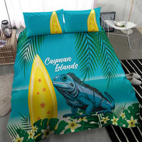 Turquoise bedding set with iguana and palm leaf print, yellow surfboard accent pillows
