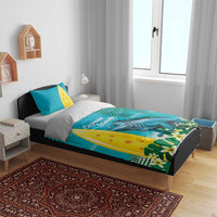 Turquoise bedding set on bed with iguana print, palm leaves, and yellow surfboard accents