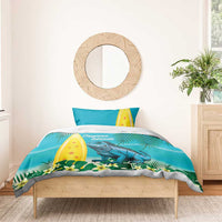 Turquoise tropical bedding set with blue iguana, palm fronds, and yellow surfboard panel