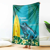 Turquoise tropical blanket with blue iguana and yellow surfboard, palm leaves, flowers