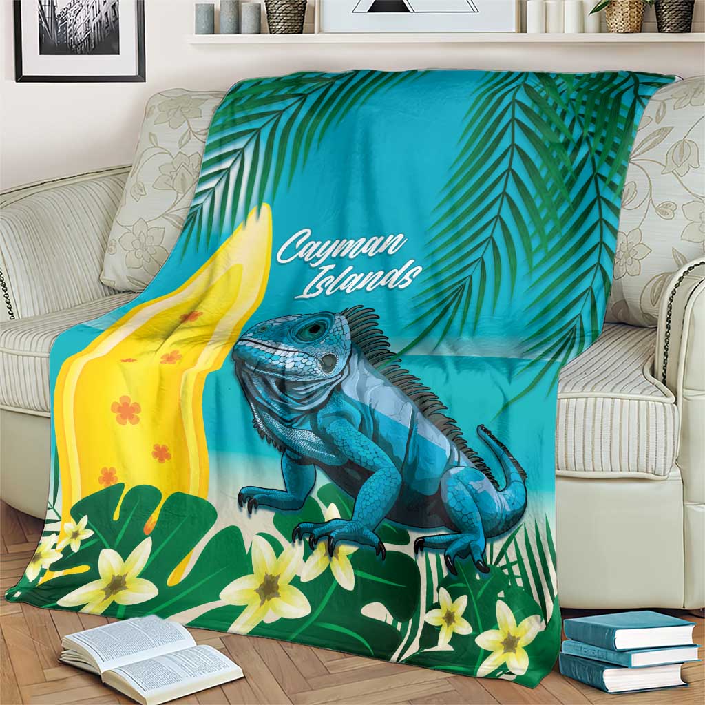Turquoise tropical blanket with blue iguana, yellow surfboard, and yellow flowers