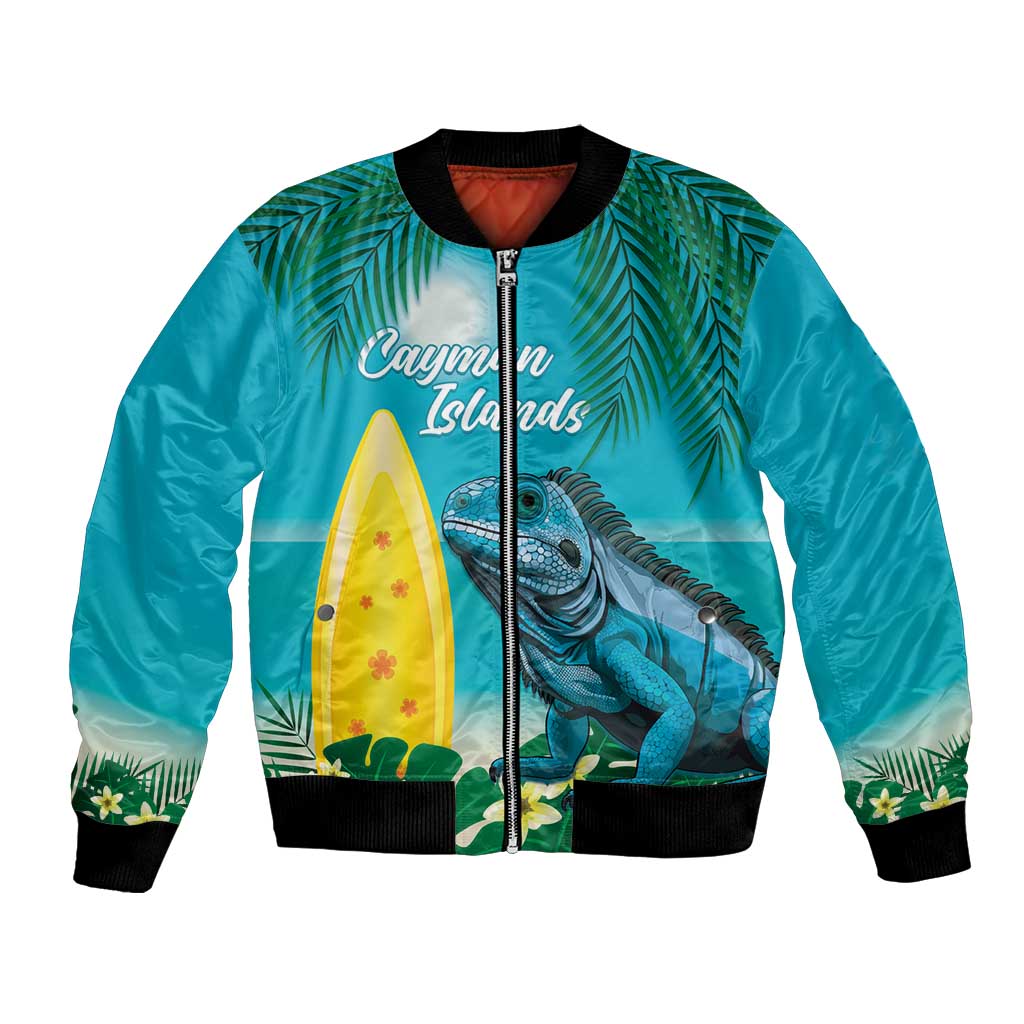 Turquoise bomber jacket with black ribbed trim, full zip, tropical iguana graphic front