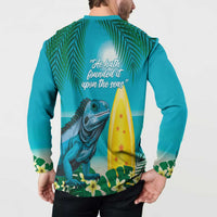 Turquoise button sweatshirt, back print quote with iguana and yellow surfboard