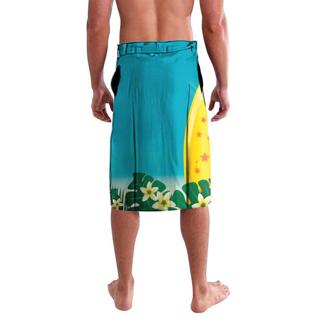 Turquoise tropical swim shorts with drawstring waistband and flower surfboard print, back view