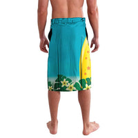 Turquoise tropical swim shorts with drawstring waistband and flower surfboard print, back view