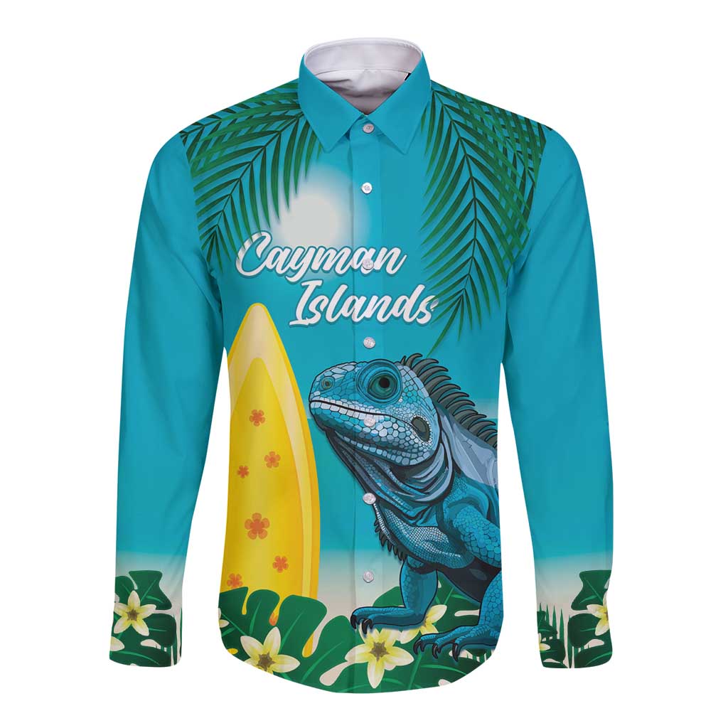 Turquoise long-sleeve button shirt with iguana graphic and Cayman Islands text