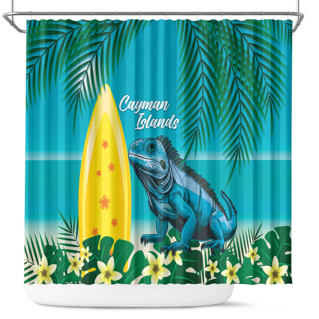 Turquoise shower curtain with blue iguana, palm leaves, surfboard and yellow flowers