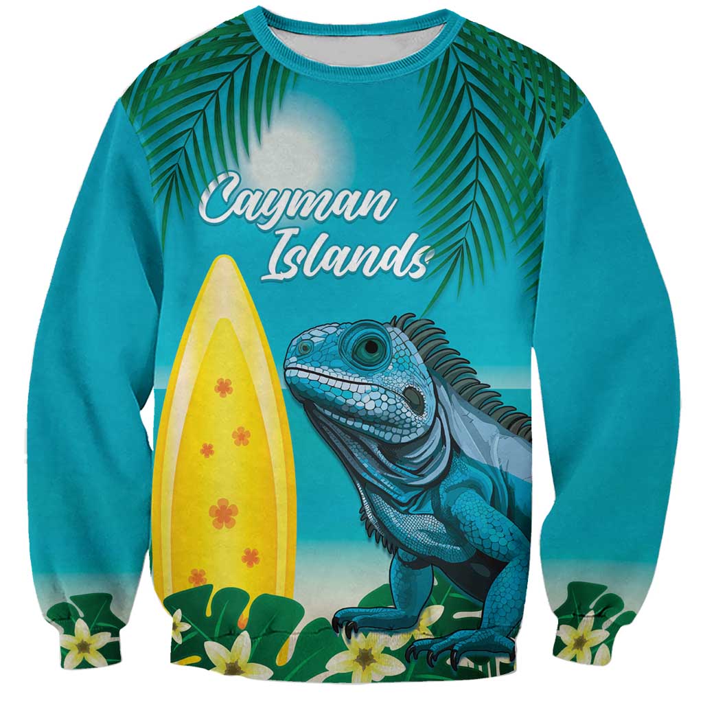 Turquoise crewneck sweatshirt with front tropical iguana, palm and surfboard graphic