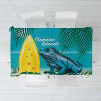Turquoise tropical tablecloth with Cayman Islands iguana and surfboard illustration