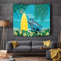 Turquoise tropical tapestry with palm leaves, surfboard, blue iguana, and Cayman Islands text