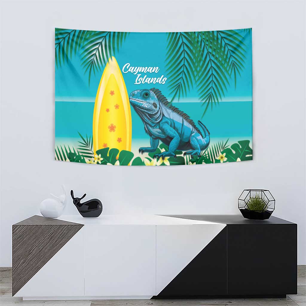 Turquoise tropical tapestry with palm leaves, surfboard, blue iguana illustration, Cayman Islands