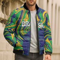 Brazil Football Custom Bomber Puffer Jacket 2026 Vamos Brasil Marble Pattern - Wonder Print Shop