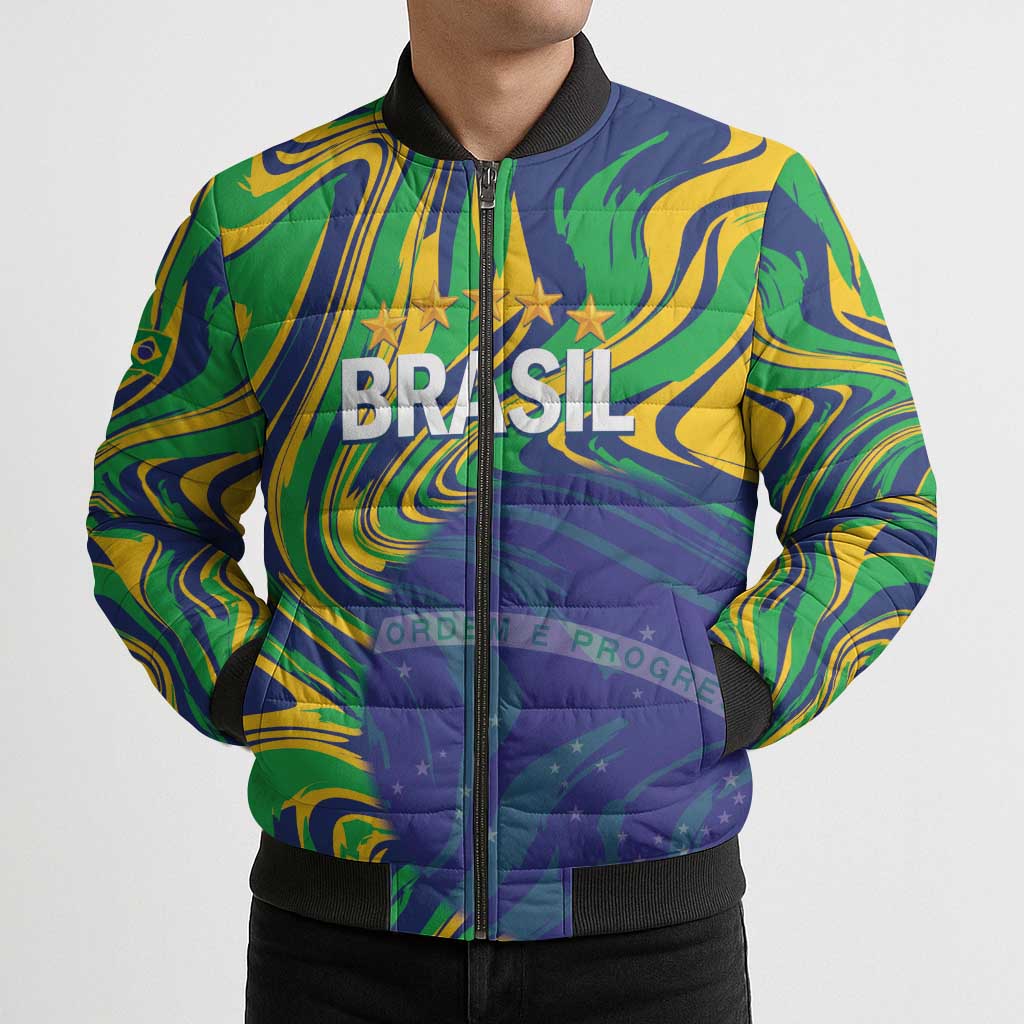 Brazil Football Custom Bomber Puffer Jacket 2026 Vamos Brasil Marble Pattern - Wonder Print Shop