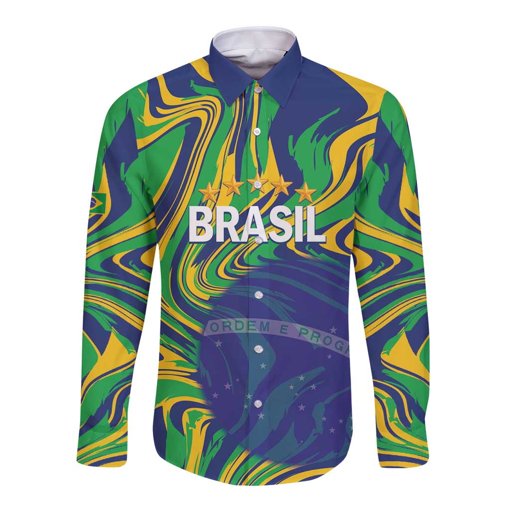 Brazil Football Custom Long Sleeve Button Shirt 2026 Vamos Brasil Marble Pattern - Wonder Print Shop