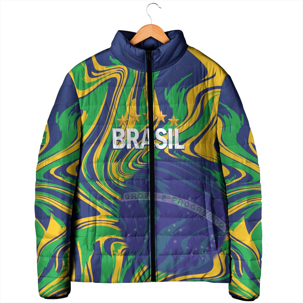 Brazil Football Custom Padded Jacket 2026 Vamos Brasil Marble Pattern - Wonder Print Shop