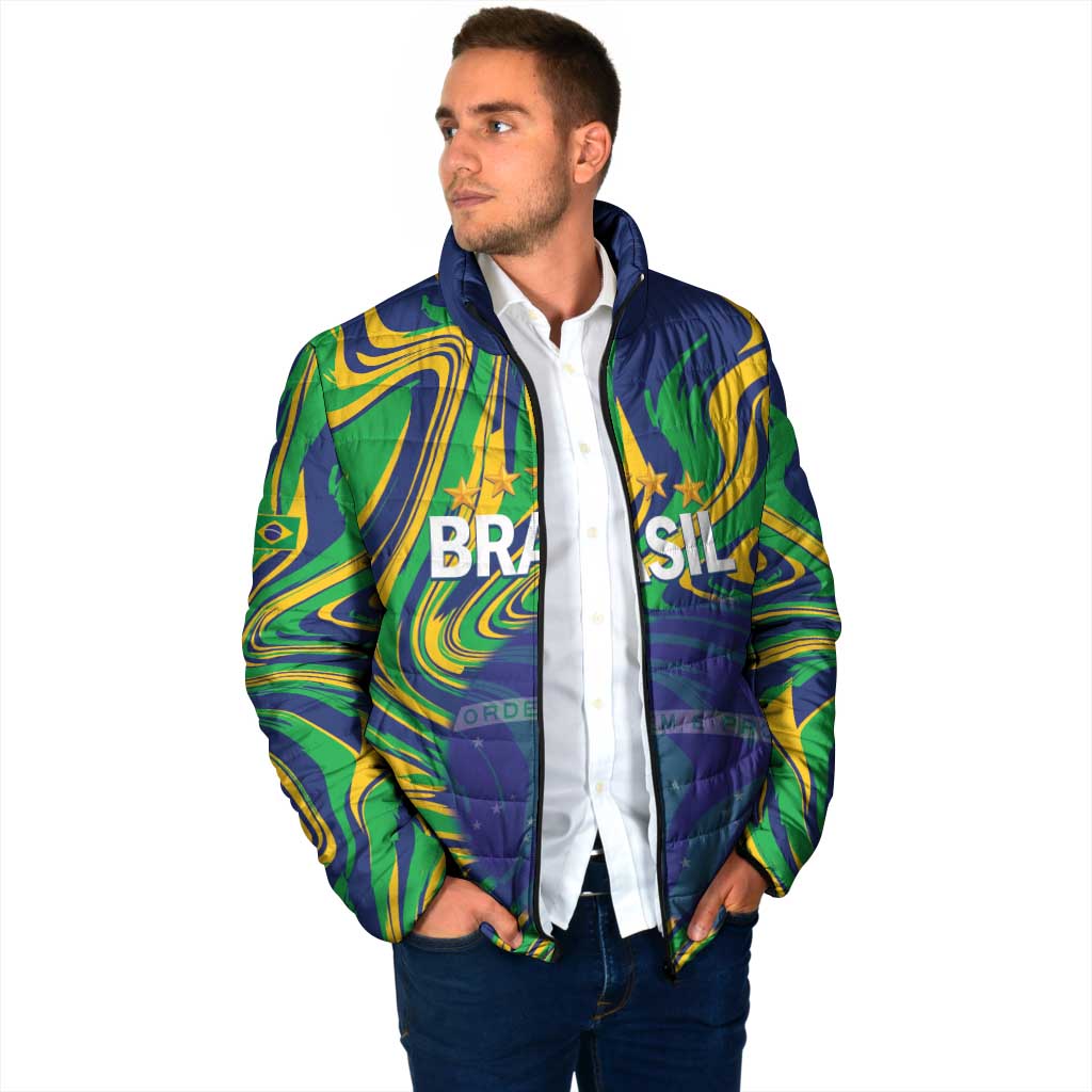 Brazil Football Custom Padded Jacket 2026 Vamos Brasil Marble Pattern - Wonder Print Shop