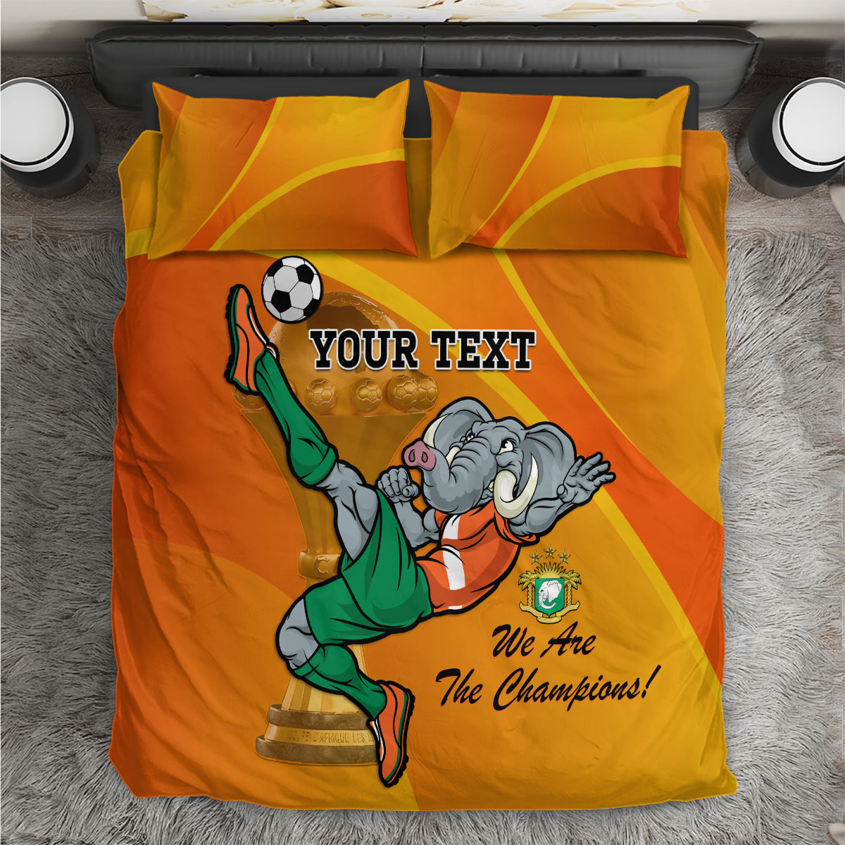 Orange football bedding set with two pillowcases, green mascot and soccer ball design