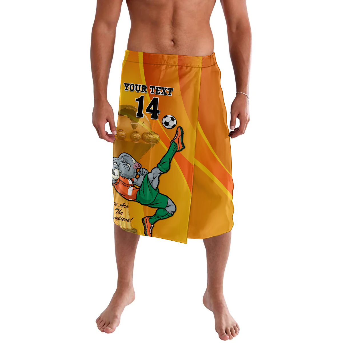 Orange football lavalava with mascot graphic, soccer ball, and number 14 front print