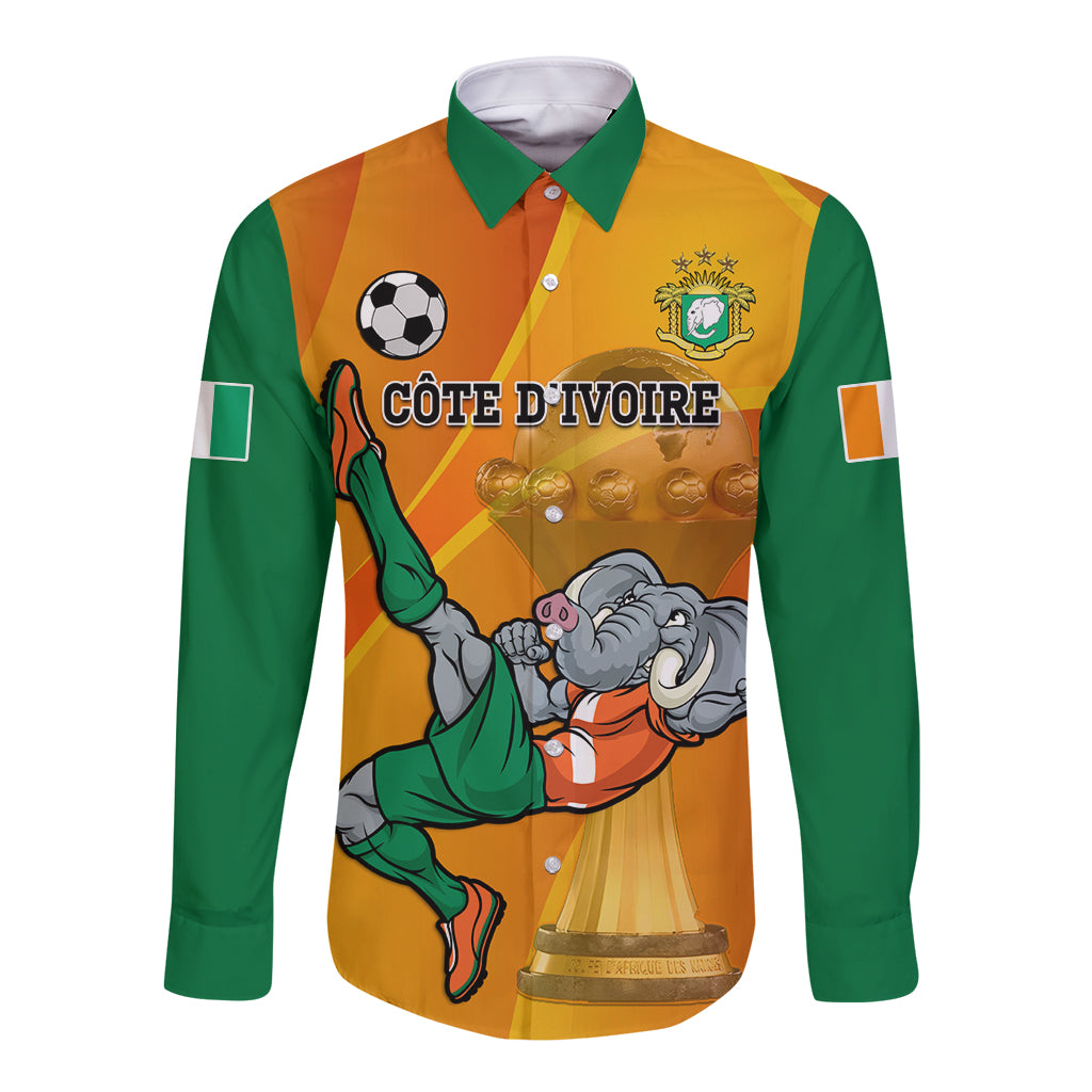 Long-sleeve football button shirt, green sleeves, orange graphic with mascot and trophy