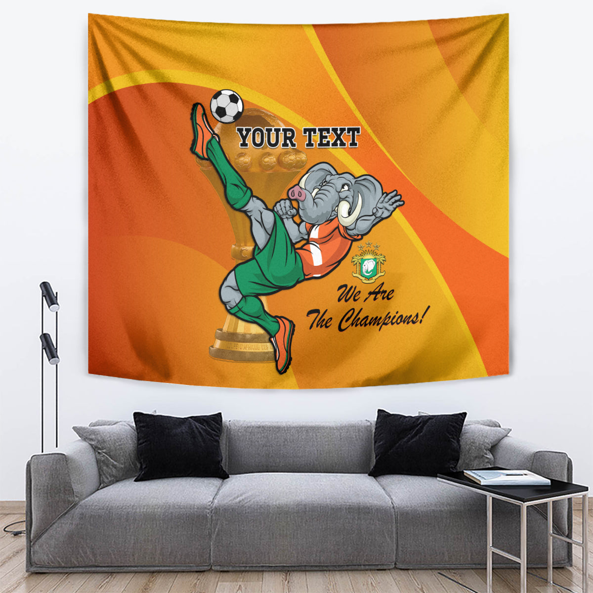 Orange football mascot tapestry, raised trophy and soccer ball with custom text