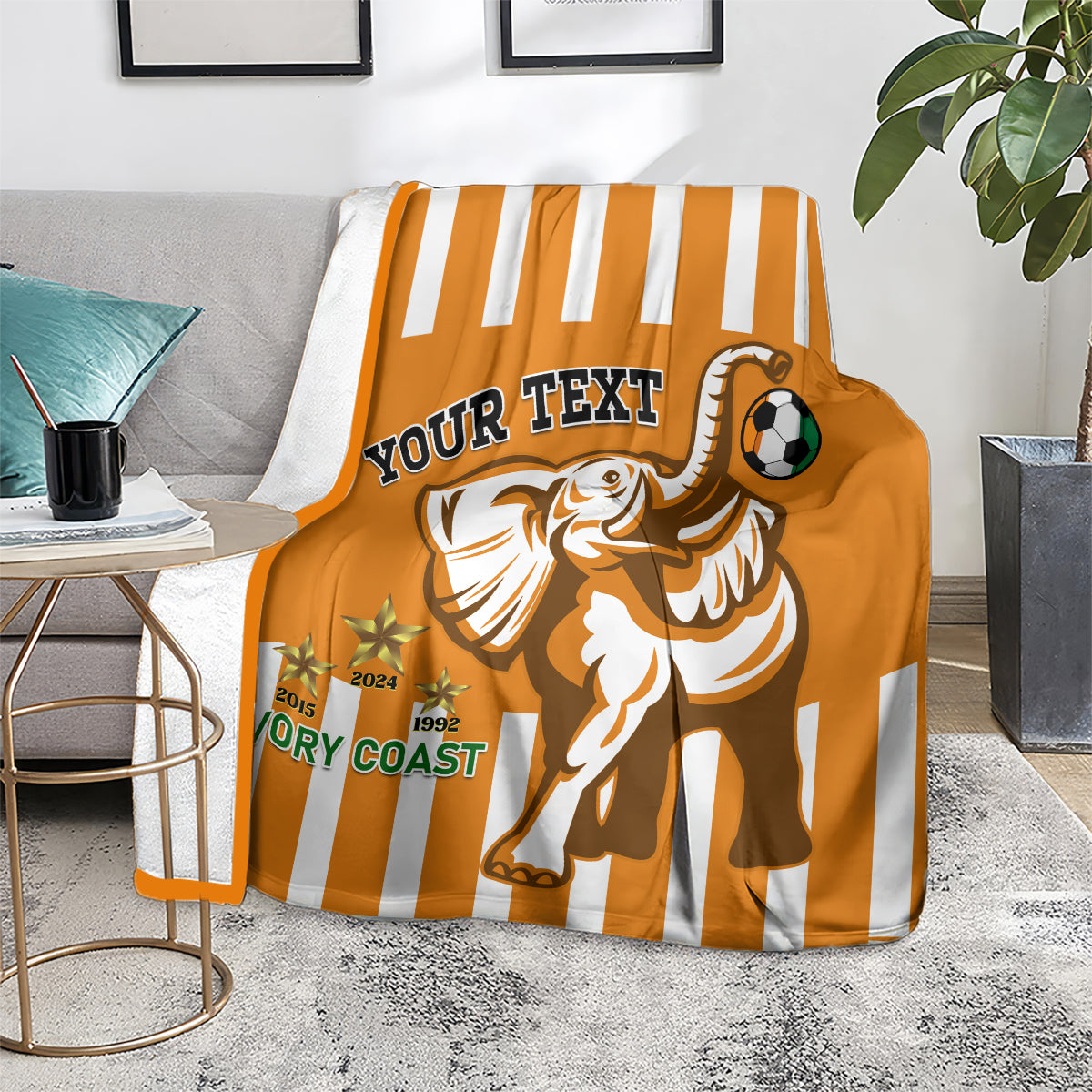 Football blanket in orange and white stripes with YOUR TEXT and elephant with soccer ball