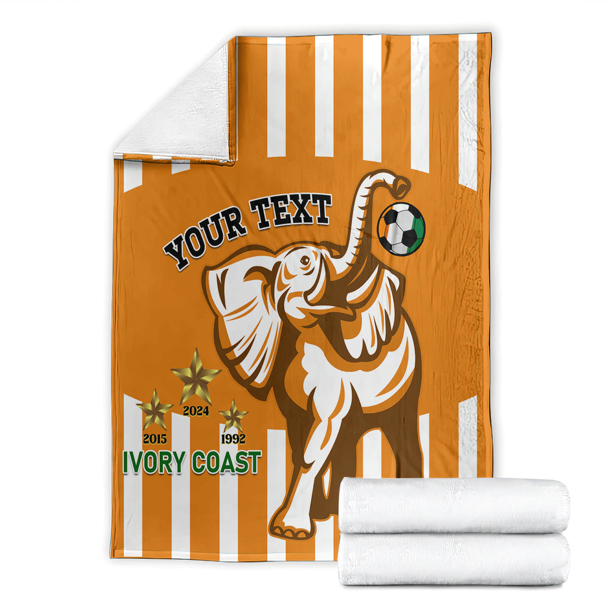 Football blanket orange with white vertical stripes, elephant holding soccer ball, YOUR TEXT