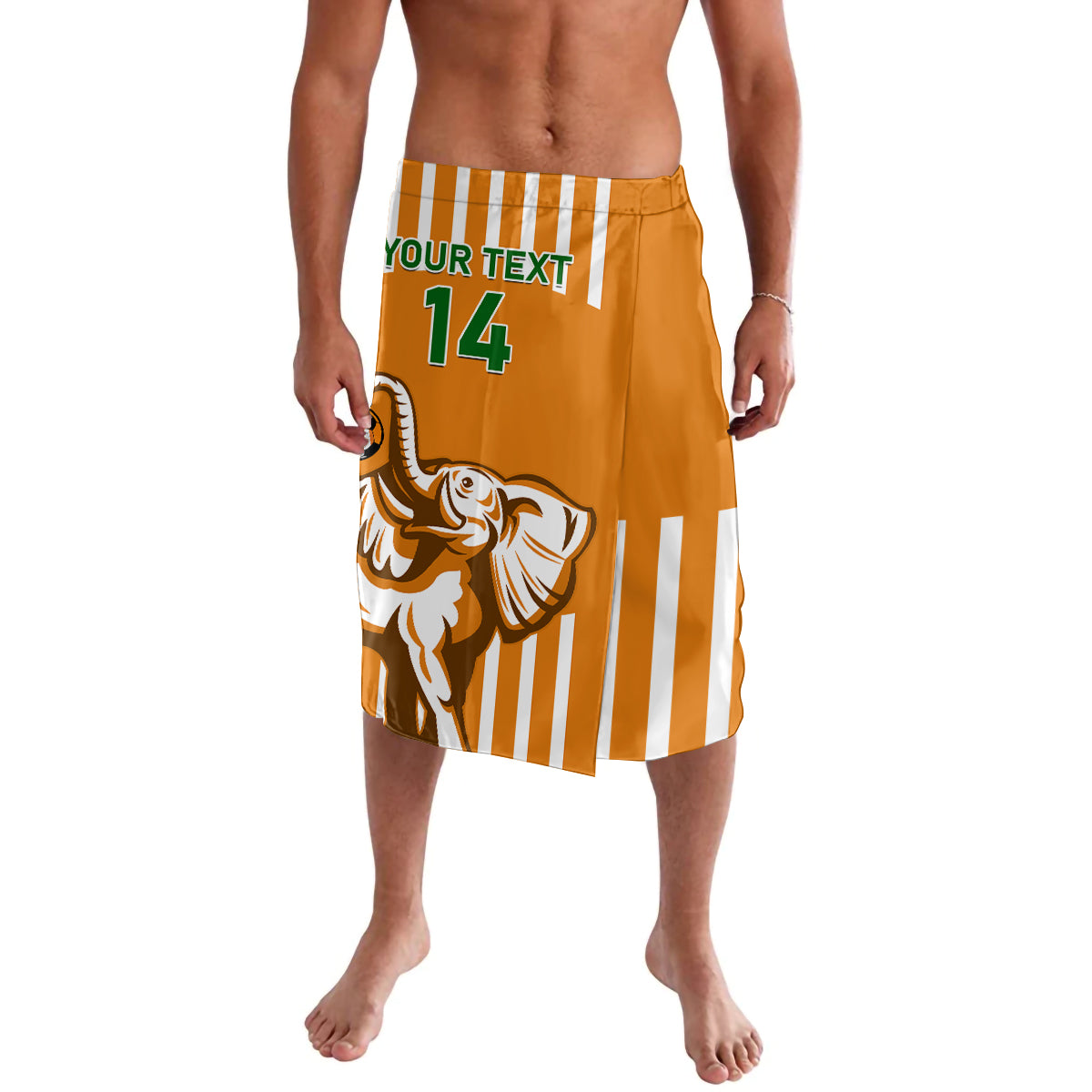 Orange lavalava skirt with elephant graphic, 'Your Text 14', and vertical white stripes
