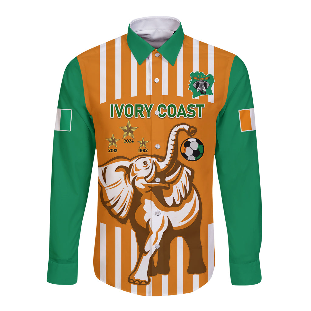 Green and orange long-sleeve button football shirt with elephant crest and 'IVORY COAST' text