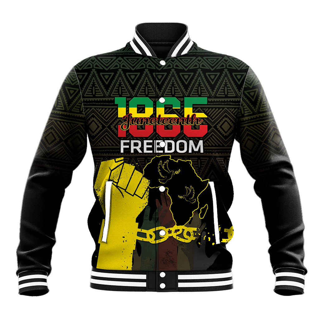 Black baseball jacket with green geometric front panel, yellow Juneteenth freedom graphic