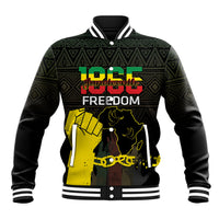 Black baseball jacket with green geometric front panel, yellow Juneteenth freedom graphic
