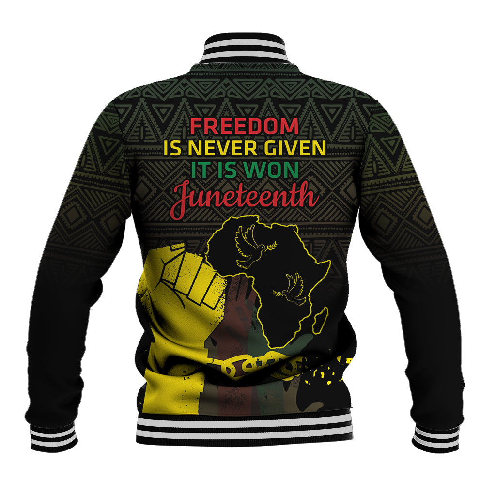 Black baseball jacket with green geometric back, yellow map and Juneteenth slogan text