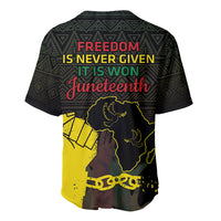 Black baseball jersey back with 'Freedom is never given' Juneteenth text and graphic