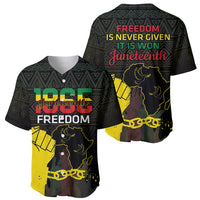 Black baseball jersey with V-neck button placket and multicolor Juneteenth Freedom print