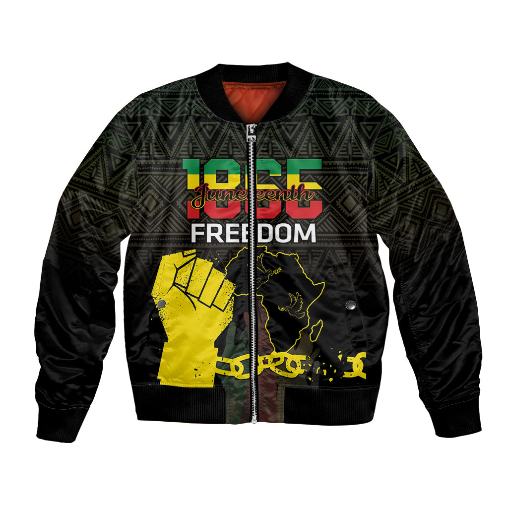 Black bomber jacket with green geometric pattern, yellow map and freedom graphic