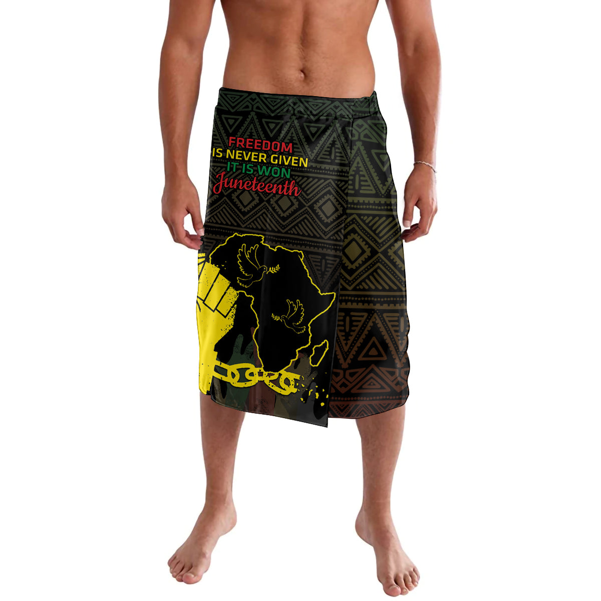 Men's patterned lavalava with African geometric print, yellow map and red text